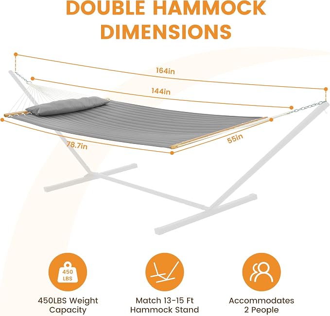 Lazy Daze Hammocks 12 FT Double Quilted Fabric Hammock with Spreader Bar and Detachable Pillow, 2 Person Double for Outside Patio Backyard, 450lbs Capacity, Light Gray - Image 2