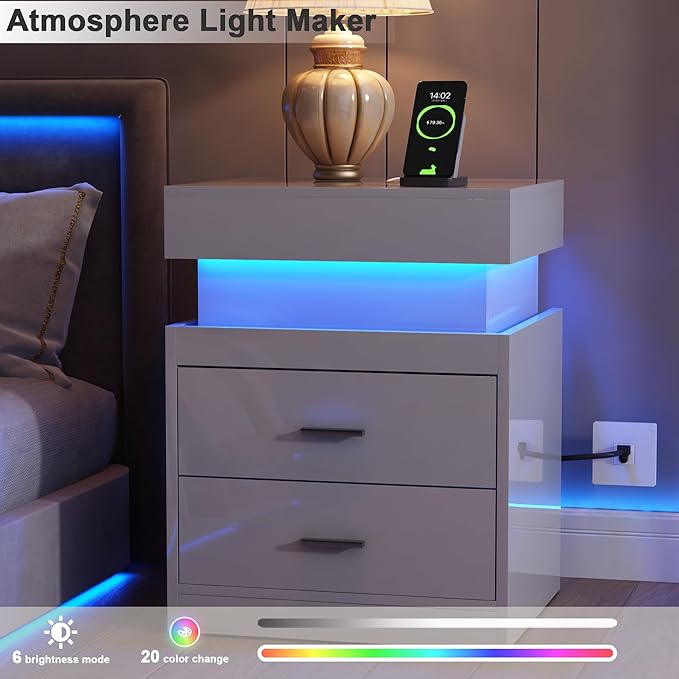 ChooChoo LED Nightstand with Charging Station, Smart Night Stand with Sliding Top Storage, 2-Drawers High Gloss Bedside Table, Modern End Table for Bedroom,White - Image 4