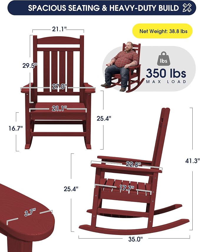 KINGYES Oversized HDPE Outdoor Rocking Chair Set of 4, All-Weather Poly Patio Rocking Chairs with 330lbs Support for Adults, Dark Red - Image 3