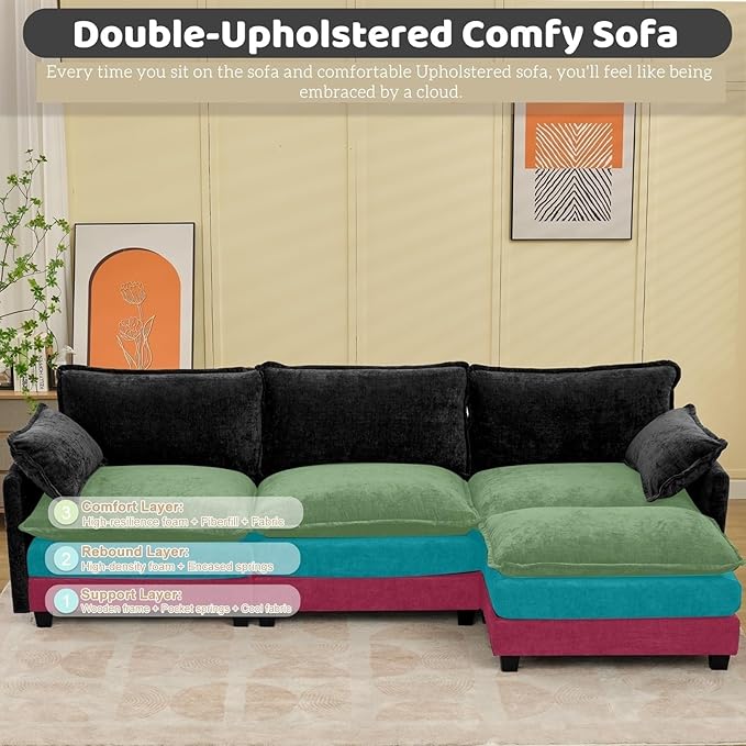 Modular Sectional Cloud Couch, 113" L Shaped Sectional Comfy Couchs for Living Room, 3 Seat Convertible Modular Sofa Couch with Ottomans for Living Room, Apartment, Black