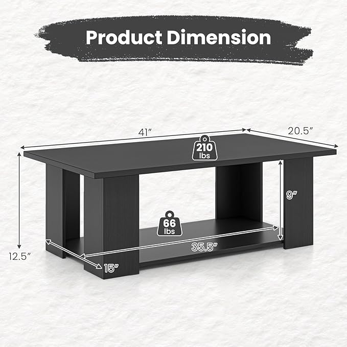 GOFLAME Coffee Table with Storage, Modern Center Table for Small Space, Accent Tea Tables for Living Room, Reception Room, Dining Room, Easy Assembly, Black
