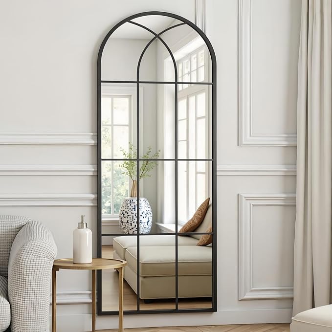 Rowjut Black Full Length & Floor Mirror 71" x 32" Window/Wall Decorative Mirrors, Iron Framed Window Pane Mirror, Arched Top Wall Mirror for Entryway Living Room, Bedroom, Fireplace (Black) by Rowjut