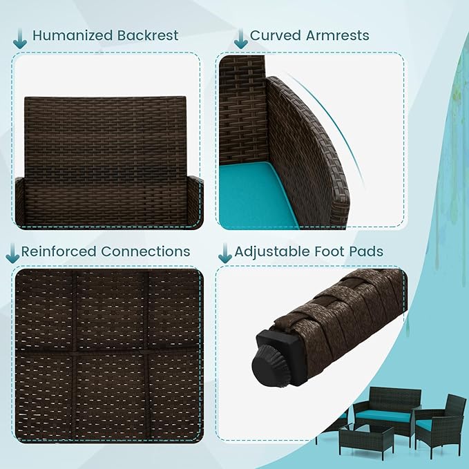 DORTALA Wicker Patio Furniture Set 4 Piece, Outdoor PE Rattan Table & Chairs Set with Tempered Glass Coffee Table, Loveseat, Cushions, Conversation Set for Balcony, Porch, Backyard, Deck, Turquoise