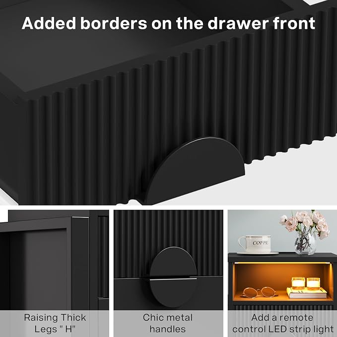 LGHM Set of 2 Fluted Nightstand with Charger Station Strip Lights, 20.47" W Night Stand with 2 Drawers, Large Accent Bed Side Table and End Table, Large Open Cubby, Raising H Legs,Black - Image 7