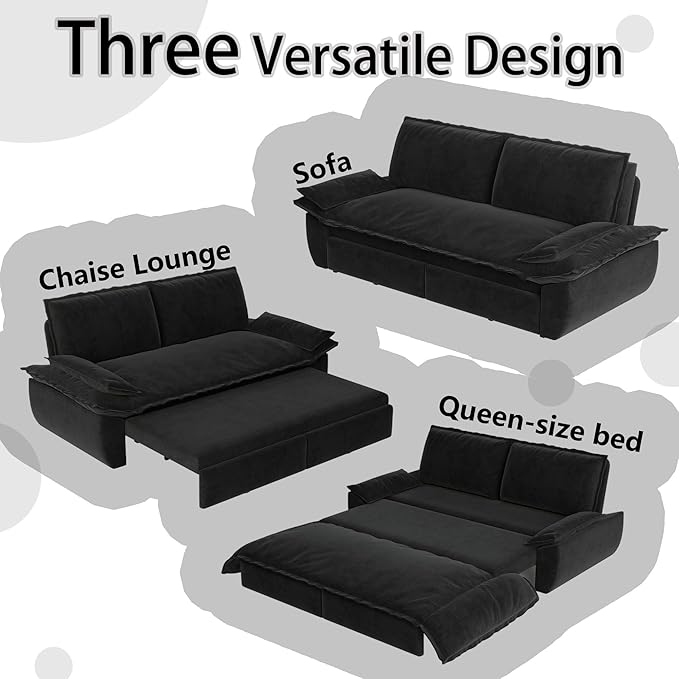 73.2" Queen Size Pull Out Sofa Bed, 3-in-1 Convertible Sleeper, Velvet Loveseat for Living Room, Apartment, Bedroom Small Spaces, Black (Mattress & Bedding Not Included)
