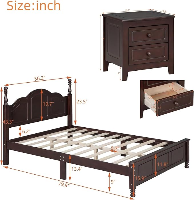 Harper & Bright Designs 3-Piece Full Bedroom Set, Retro Style Wooden Bedroom Furniture Set with Full Size Bed Frame and Two Nightstands for Kids Teens Adults Bedroom, Dark Walnut