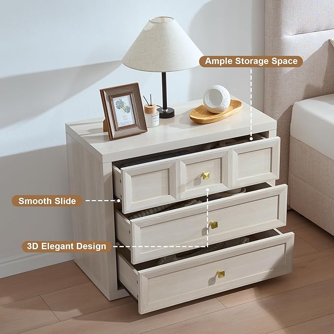 Nightstand Set of 2 W/Charging Station, 30.7" W King Size Bedside Table with 3 Drawers, Accent End Table W/Large Storage, Modern Wood Side Table for Bedroom,Office, Beige - Image 6
