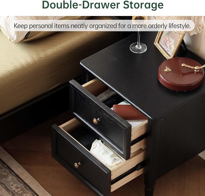YESWOOD 100% Solid Wood Nightstand, Oak Night Stand with 2 Drawers, Farmhouse Nightstands, Mid-Century Modern Nightstand, Small Bedside Table for Bedroom, 19.69" H, Black - Image 4