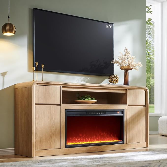 Modern Fireplace TV Stand with 36"LED Electric Fireplace for 80 inch TVs, 32"Tall Entertainment Center w/Drawers &Adjustable Shelves, Wood Media Console w/Curved Profile Design for Living Room,Natural by AITJUNZ