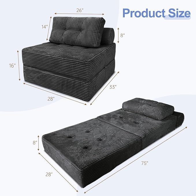 ANONER Folding Sofa Bed, Sectional Couches with Deep Seat and Pillow, Futon Floor Couch, Versatile Convertible Sleeper Chair, Boneless Chaise Lounge, Fold Out Chair Bed for Living Room, Dark Grey