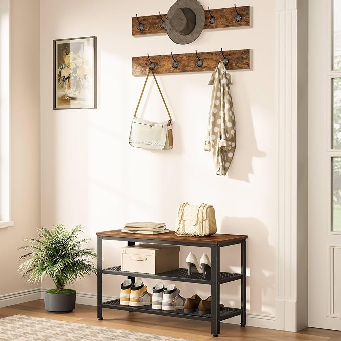 HOOBRO Hall Tree Entryway Storage Bench, Coat Rack Shoe Bench, Shoe Rack Organizer with Coat Hooks, 3-in-1 Design, Wooden Furniture with Metal Frame, Rustic Brown and Black BF17MT01 - Image 2