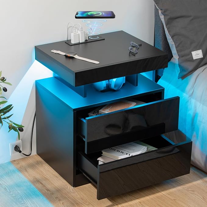 HOMMPA LED Nightstand with Wireless Charging Station & USB Ports High Gloss Bedside Table with LED Light RGB Adjustable Brightness Smart Nightstand 2 Drawers Night Stand for Bedroom Black by Hommpa