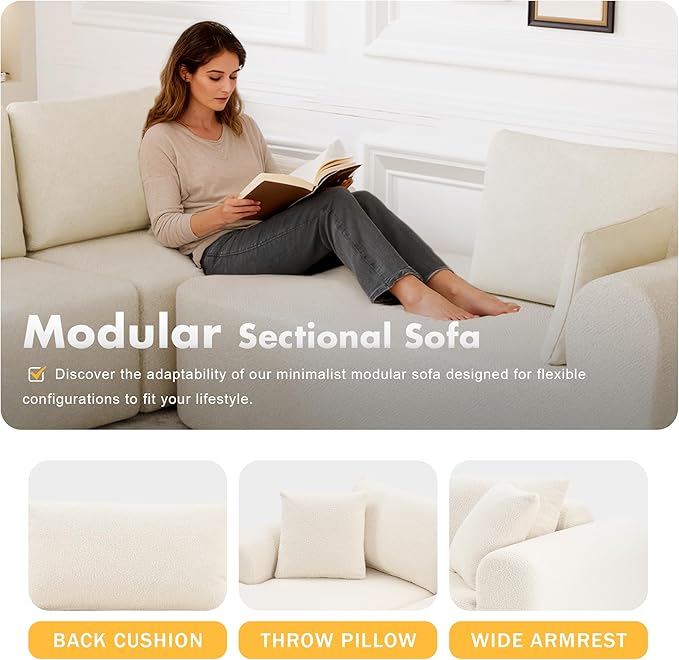 104" Modular Sectional Sofa with L-Shape Chaise, Sherpa Modern Upholstered Cloud Couches for Living Room Bedroom, No Assembly Required, White