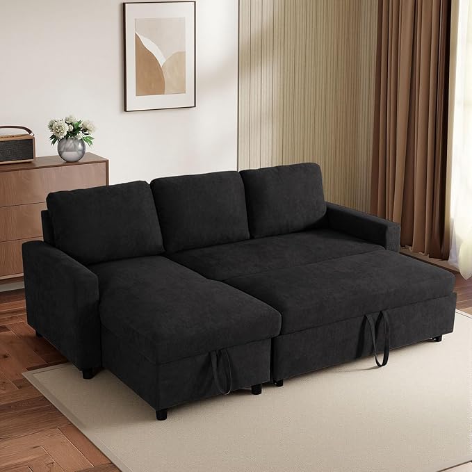 L-Shaped Sleeper Sofa with Chaise Lounge & Storage, Pull-Out Couch Bed with Recliner, Full Size Futon for Living Room, Office, Apartment Black