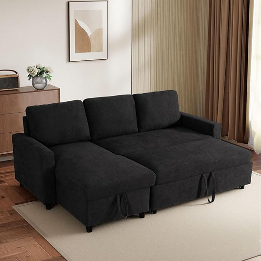 L-Shaped Sleeper Sofa with Chaise Lounge & Storage, Pull-Out Couch Bed with Recliner, Full Size Futon for Living Room, Office, Apartment Black