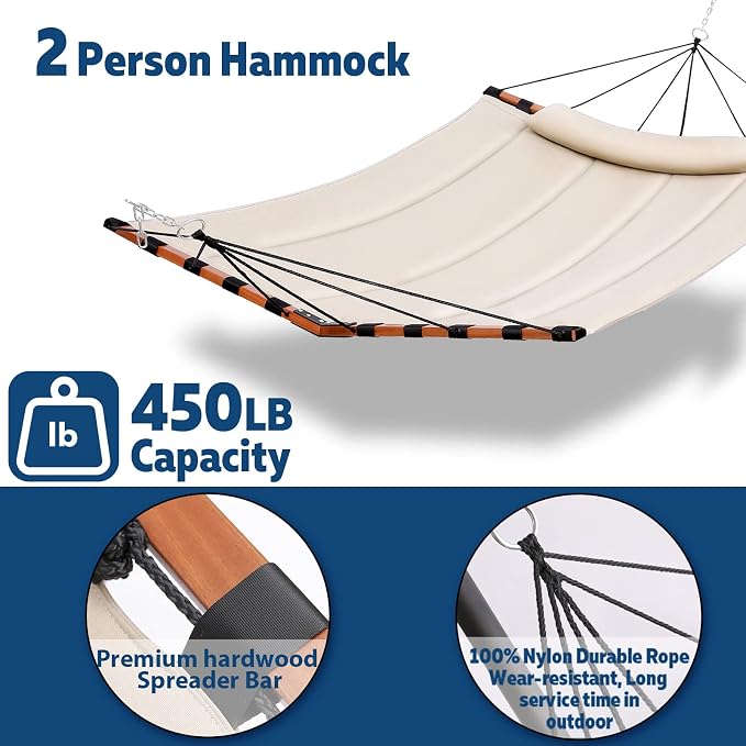 TegerDeger 12FT 2 Person Hammock with V Shaped Hardwood Spreader Bar & Nylon Rope for Outside, Patio, Garden, Backyard, Beach, Poolside, 450LB Capacity, 55in x 79in - Beige - Image 4