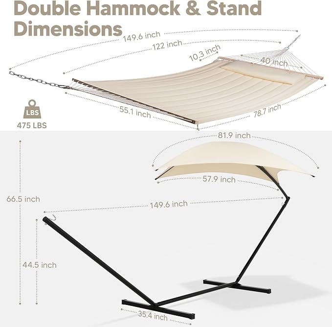 SUNCREAT Portable Outdoor Hammock with Stand, Sun-Protective Canopy, Double Hammock with Stand for Outside, Patent Pending, Beige - Image 5