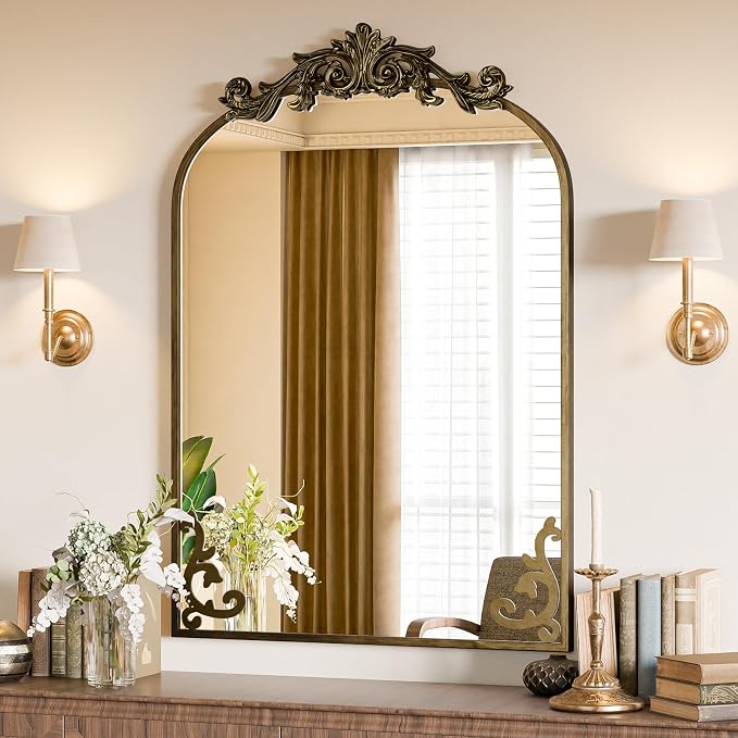 Koonmi Vintage Mirror, 26x38 Wall Mounted Vanity Mirror, Tempered Glass, Detachable Flower Head, Bronze Antique Decorative Mirror for Bathroom Entryway Fireplace Living Room Hallway - Image 6