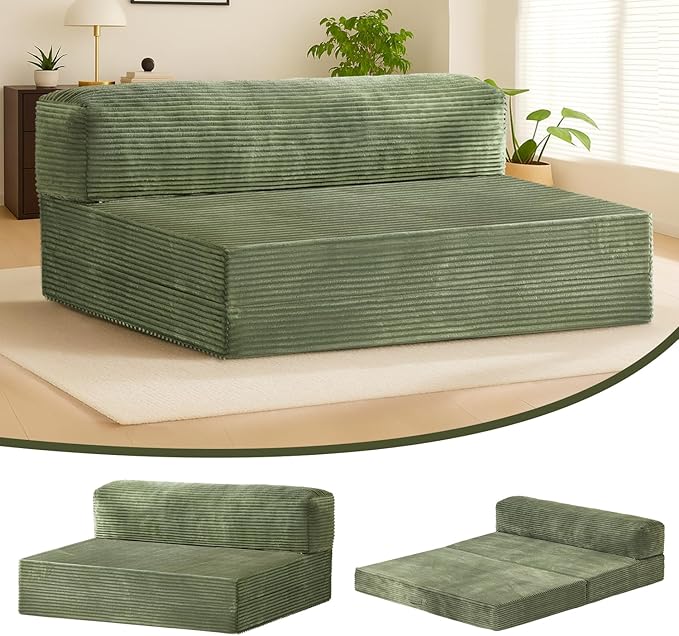 6-inch Folding Mattress Sofa Bed，Convertible Floor Bed & Sleeping Couch with Removable Corduroy Cover & Carry Handles, High-Density Foam (Green, Queen)