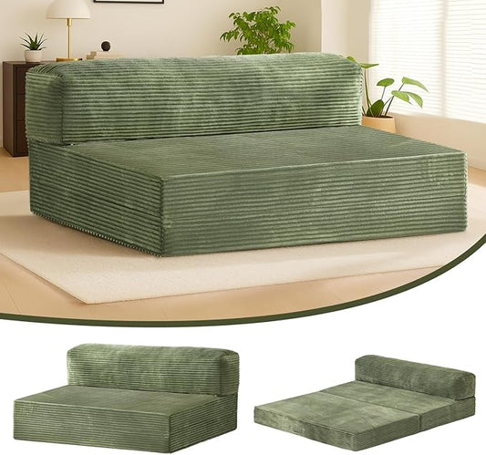 6-inch Folding Mattress Sofa Bed，Convertible Floor Bed & Sleeping Couch with Removable Corduroy Cover & Carry Handles, High-Density Foam (Green, Queen)