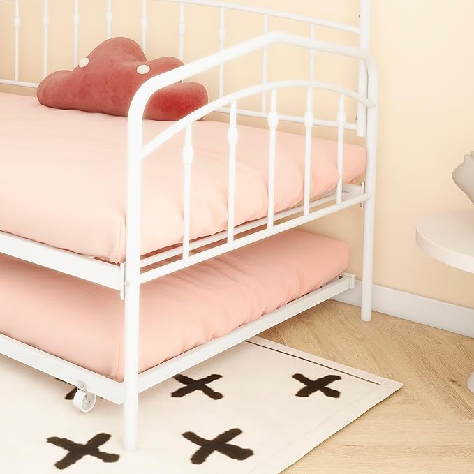 GDFStudio Twin Daybed with Trundle,Metal Sofa Bed Set,Rollaway Daybed Couch Bed Frame for Bedroom Living Room Guest Room White