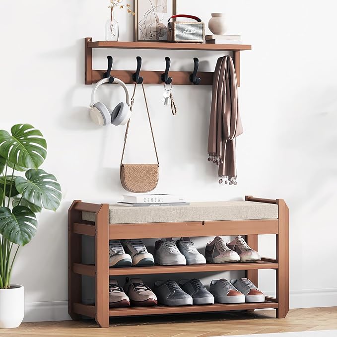 27.6" Bamboo Shoe Bench with Cushion, 5 Hooks Coat Rack, 2-Tier Storage Bench for Entryway, Heavy Duty Shoe Rack Organizer with Removable Soft Cushion for Living Room Bedroom Hallway by ACSWOD