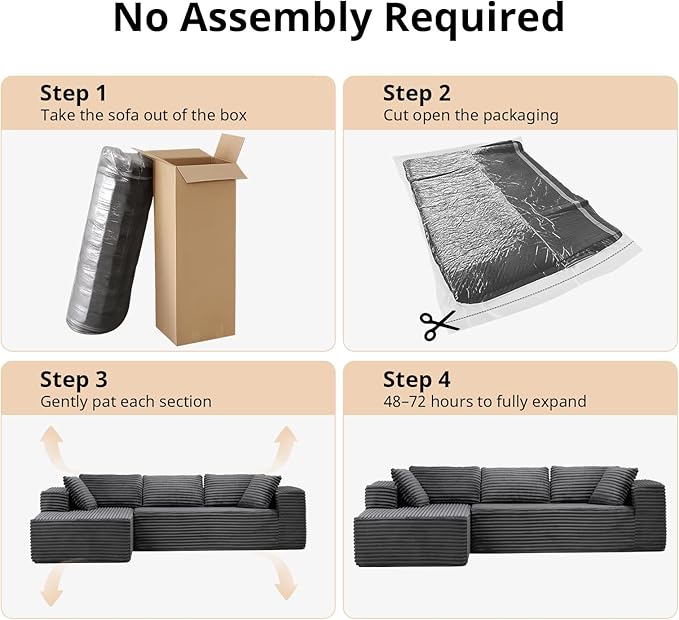 LUCKLIFE 108" Modular Sectional Couch with L-Shape Chaise,Corduroy Upholstery Boneless Couches for Living Room,Oversized Sleeper Sofa,No Assembly Required (Grey, L Shape with Left Facing Chaise)