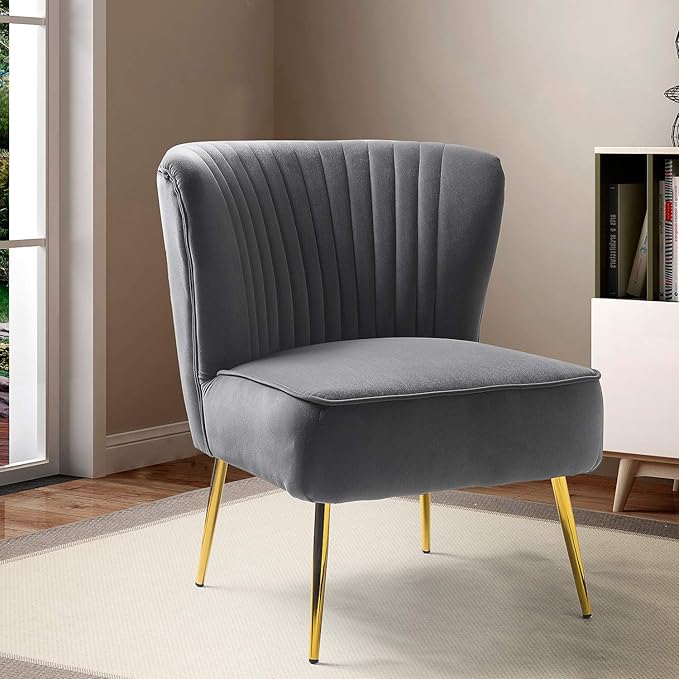HULALA HOME Velvet Accent Chair, Modern Upholstered Cute Side Chair with Gold Metal Legs, Armless Wingback Slipper Chair Comfy Living Room Chair for Bedroom Guest Room Vanity, Grey