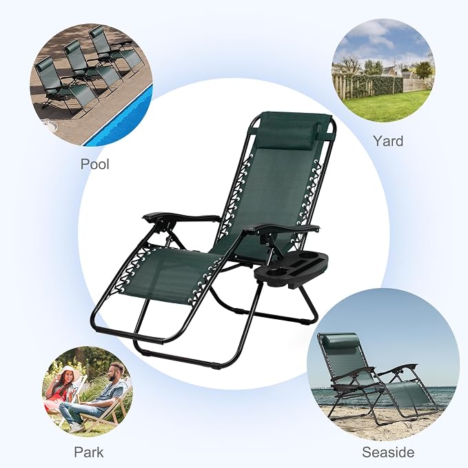 Nazhura Set of 2 Relaxing Recliners Patio Chairs Adjustable Steel Mesh Zero Gravity Lounge Chair Beach Chairs with Pillow and Cup Holder (Dark Green) - Image 8