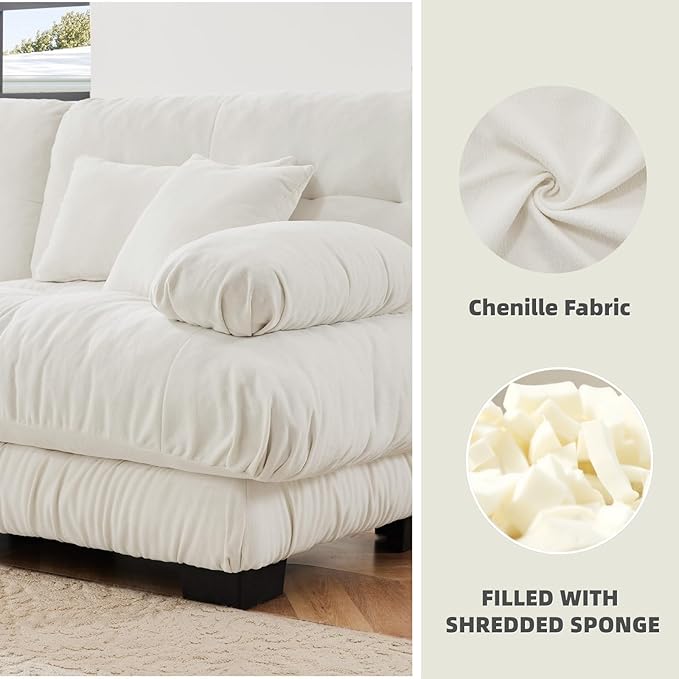 133.8" L-Shaped Cloud Couch, Oversized Modular Sectional Sofa, Deep Seat Cloud Boneless Couch, 3-Seat Modular Sectional Sofa with Ottoman or Living Room,Bedroom and Apartment, White