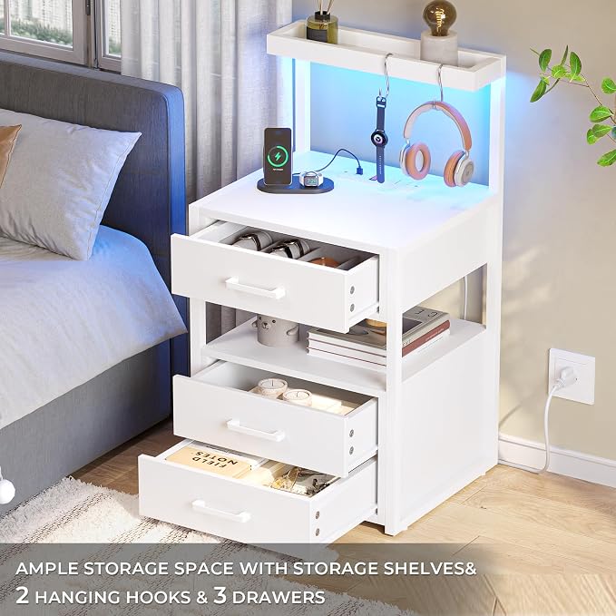 VIAGDO Led Nightstand with Charging Station, 3 Drawers Night Stands with Led Lights, White Bedside Tables with Storage Shelves, Modern End Side Tables for Bedroom, Office - Image 4