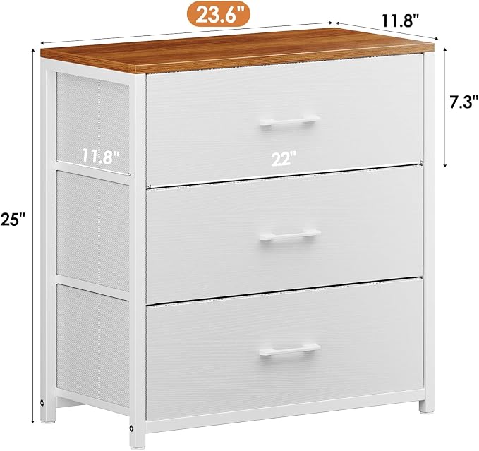 Memobarco Nightstand,Farmhouse Night stand with 3 Storage Drawer,Small Dresser for Bedroom,Chest of Drawers Fabric Dressers with Steel Frame,Wooden Top Front Bedside Table for Small Space,White+walnut - Image 2