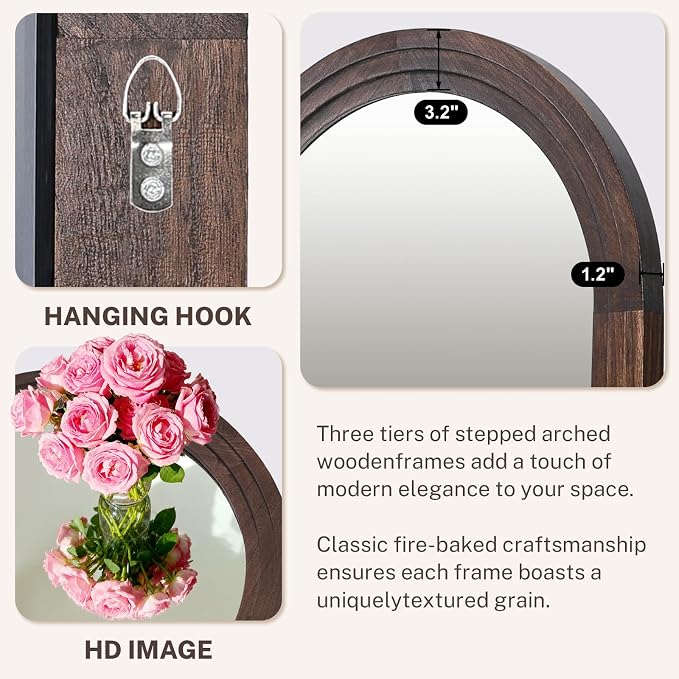40"x30" Arched Wooden Frame Wall Mirror, Rustic Vanity Wall Mirror for Bathroom, Bedroom, Brown - Image 6