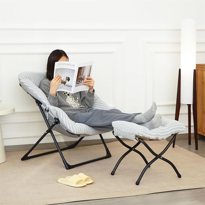 Comfy Saucer Chair for Adults, Soft Faux Fur Bedroom Chair, Accent Dorm Chairs, Flexible Living Room Reading Chairs, Oversized Folding Seat for Teens, X-Large, Stripe Grey
