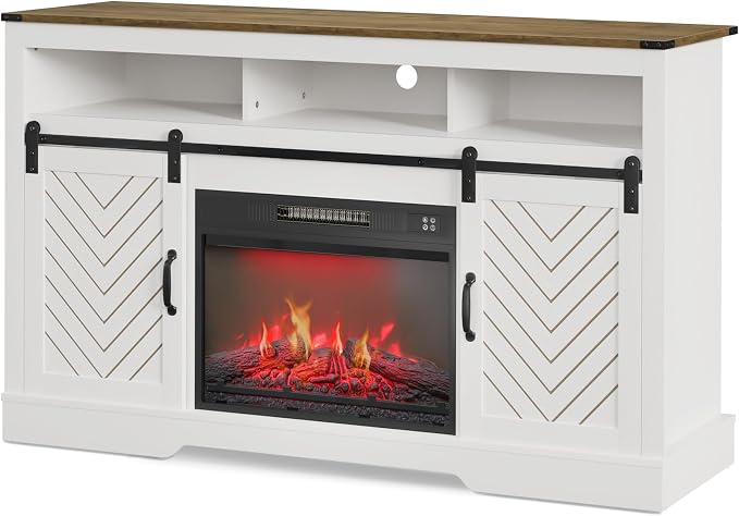 RoyalCraft Fireplace TV Stand for 65+ Inch TV, 34" Tall Farmhouse Entertainment Center with 23" Electric Fireplace,Rustic Media Console with Sliding Bar Door for Living Room, Antique White - Image 8