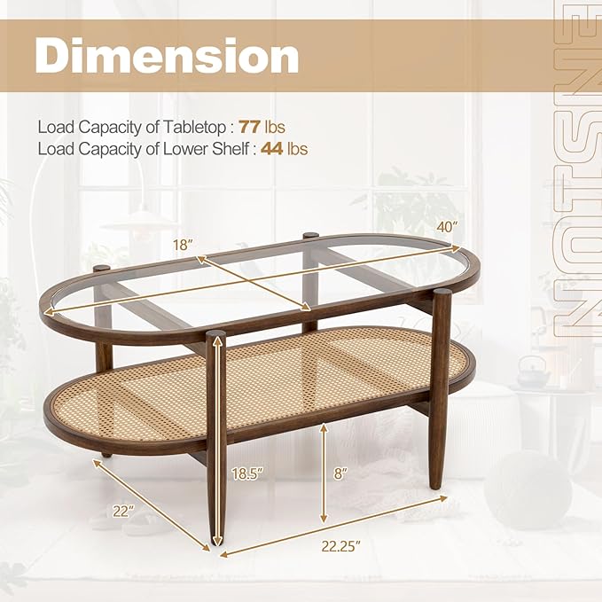Moccha Boho Coffee Table, 2-Tier Center Table with Tempered Glass Tabletop & PE Rattan Storage Shelf, Mid Century Modern Tea Table with Wood Frame, 40" L Oval Accent Table for Living Room, Office