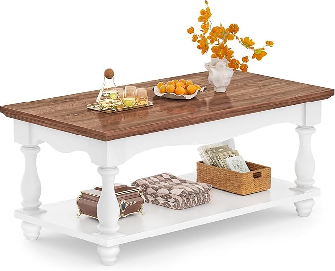 Farmhouse Coffee Table with Storage, 47" Mid Century Coffee Tables for Living Room, Modern 2-Tier Rectangle Coffee Table with Solid Wood Legs, Vintage Living Room Tables, Rustic Brown