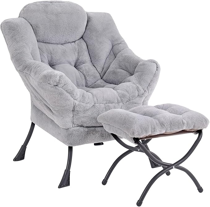 MBOOYOME Lazy Chair with Folding Ottoman, Modern Accent Armchair with Armrests and a Side Pocket & Foldable Footstool, Reading Chair for Living Room, Bedroom, Dorm & Office, Plush Grey