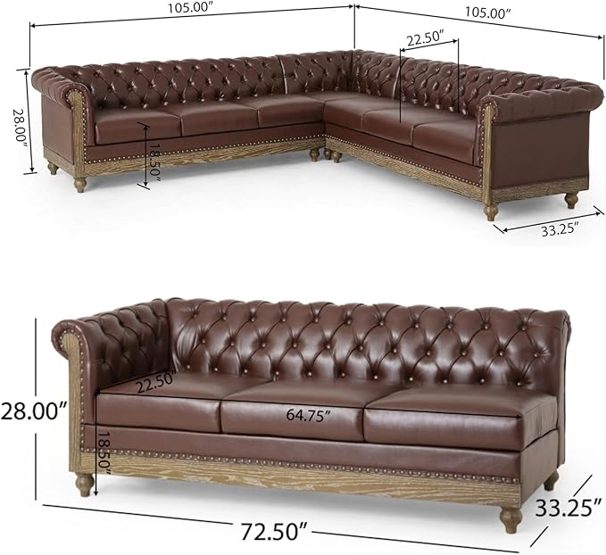 Merax PU Chesterfield Sofa, Retro Upholstered 6 Seater Leather Rolled Arm Couch for Living Room Bedroom, Dark Brown