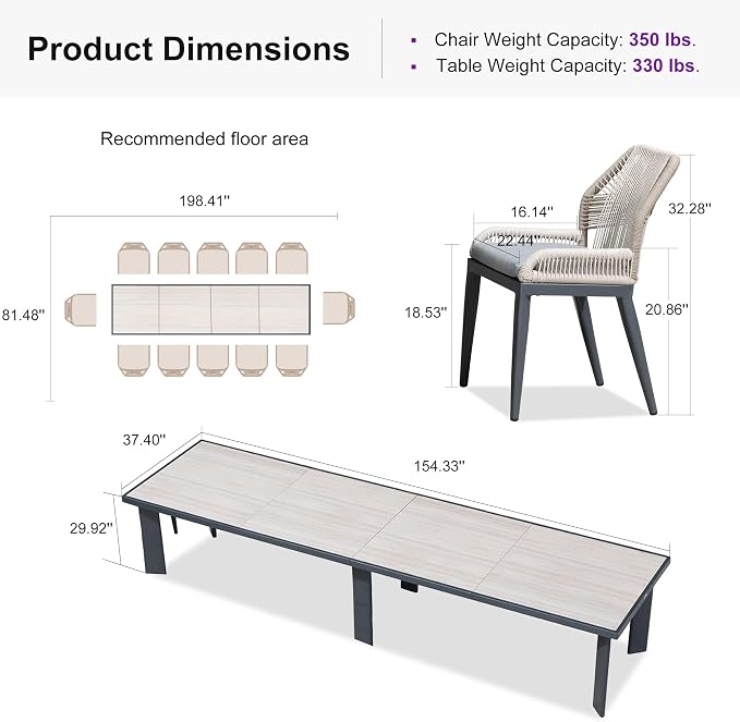 PURPLE LEAF 13 Pieces Patio Dining Set Aluminum Rectangular Table and Wicker Chairs with Cushions for Kitchen Porch Garden Modern Outdoor Furniture Sets, Beige and Dark Grey - Image 9