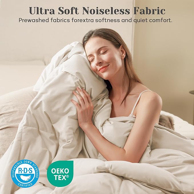 Joysoul Queen Size Down Comforter - All Season Ultra Soft Goose Down & Feather Fiber Fill, Luxury Hotel Cream Duvet Insert with Corner Tabs (88" X 88")
