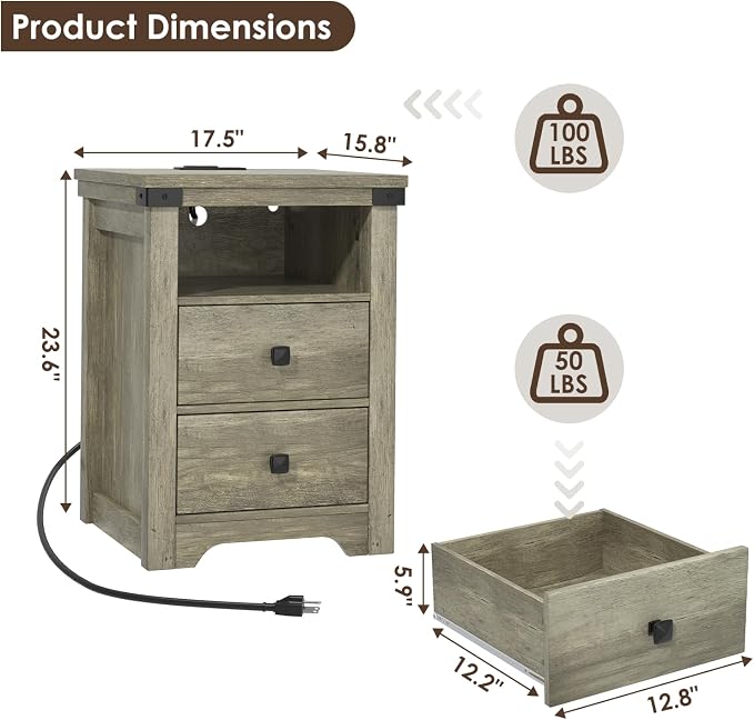 Airynee Nightstand with Charging Station, Farmhouse Nightstand with LED Lights, Modern Rustic Side Table with 2 Storage Drawers, Wooden End Table for Bedroom, Light Rustic Oak - Image 2