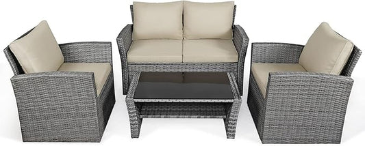 COSTWAY 4 Pieces Patio Rattan Furniture Set, Outdoor Wicker Sofa Set with Tempered Glass Coffee Table, Cushions, All Weather Rattan Conversation Set for Yard Balcony Backyard Pool (Khaki)
