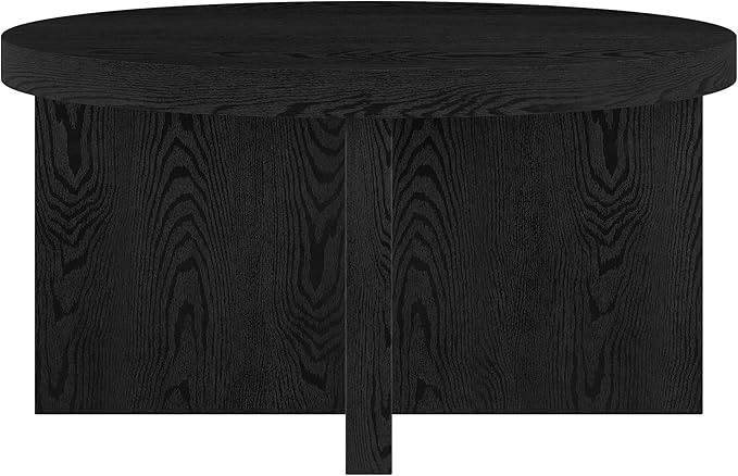 Henn&Hart 33" Round Pedestal Low-Profile Coffee Table for Living Room, Family Room, Office or Apartment, Black Grain