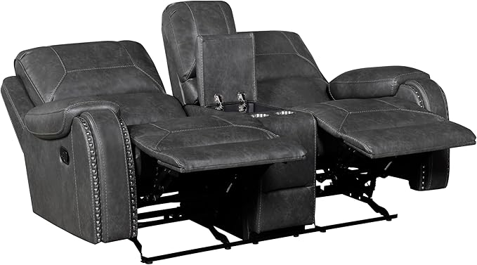 Lexicon Modern Double Reclining Loveseat, Faux Leather Recliner Loveseat with Nailhead, Center Console, Receptacle and USB Ports, Manual Recliner Loveseat Couch for Living Room/Office/Apartment, Grey