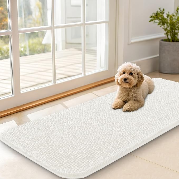 OLANLY Dog Door Mat for Muddy Paws 47x20, Absorbs Moisture and Dirt, Absorbent Non-Slip Washable Doormat, Quick Dry Chenille Mud Mat for Dogs, Entry Indoor Entryway Carpet for Inside Floor, Ivory by OLANLY
