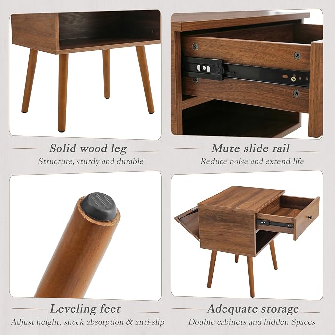 Hidden Compartment Night Stand Set 2, Mid Century Modern Concealment Furniture, End Table with Storage Drawer, Bedside Table with Wood Legs for Bedroom (2,Walnut) - Image 5