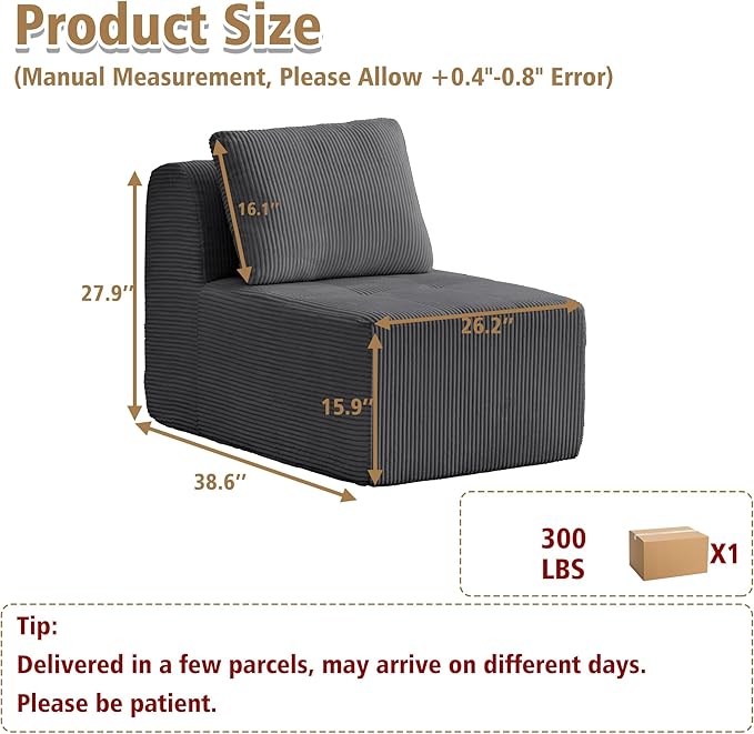 KIGOTY Modular Sectional Sofa Set, Comfy Cloud Sectional Couch with Deep Seat, Modern Boneless Couch for Living Room, No Assembly Required (Grey, 1 PCS-Middle Chair)