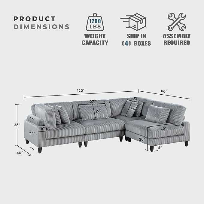 Lexicon 120 Inch Modular Sectional Sofa - Oversized 4 Seater Corduroy L Shaped Sectional Couch, 6 Accent Pillows, and Flexible Arrangement for Modern Living Rooms, Gray