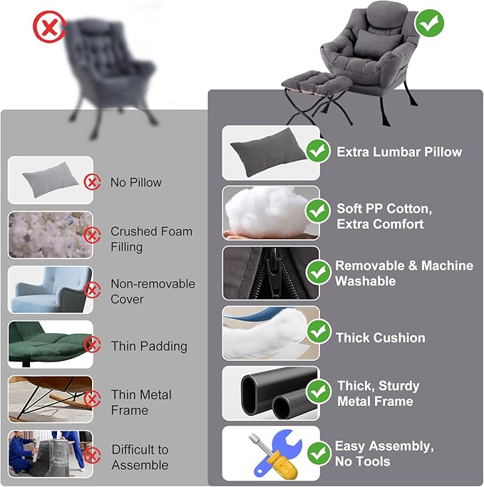 Lazy Chair with Ottoman, Modern Accent Chair with Lumbar Pillow, Dark Grey Sofa, Armchairs with Folding Footrest, Oversized Supportive Chairs for Bedroom, Reading